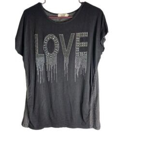 Julia Love Black Sequin Bling Logo Front Shirt Size S/M